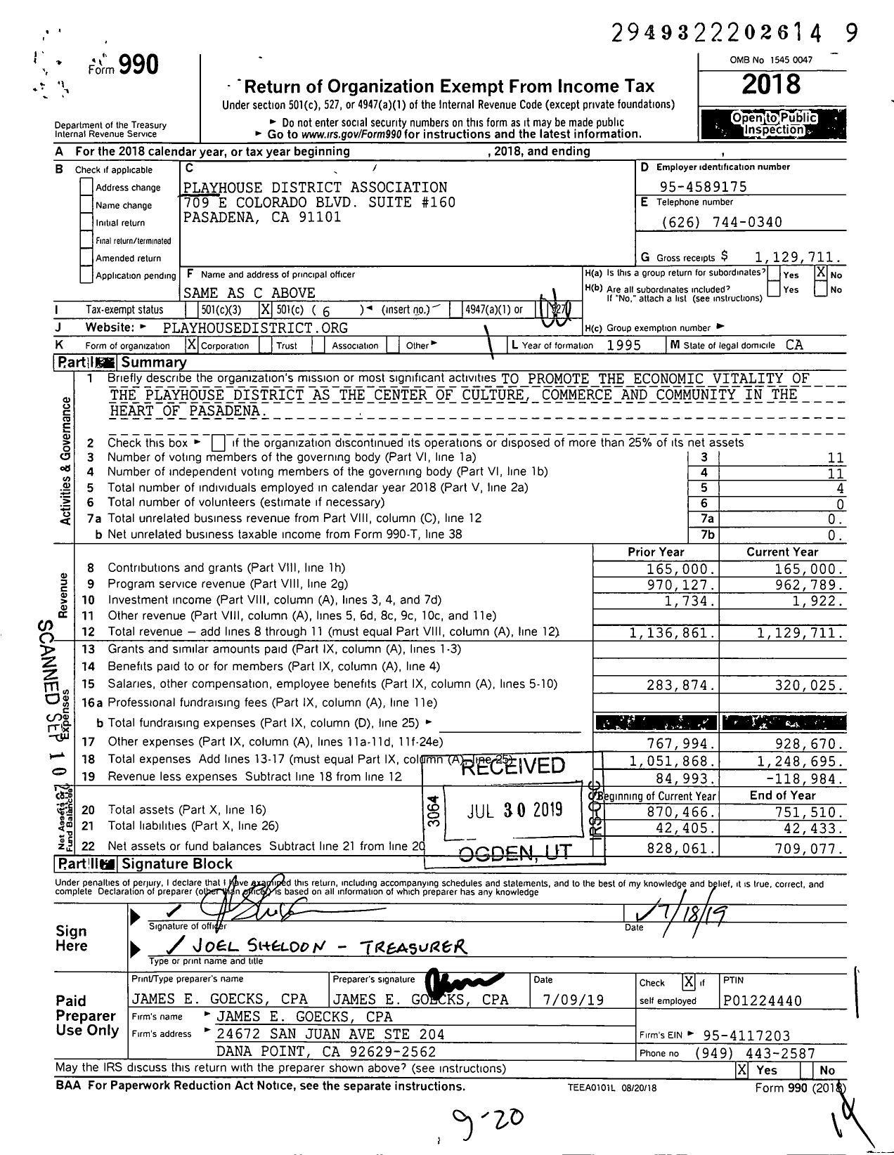 Image of first page of 2018 Form 990O for Playhouse District Association (PDA)
