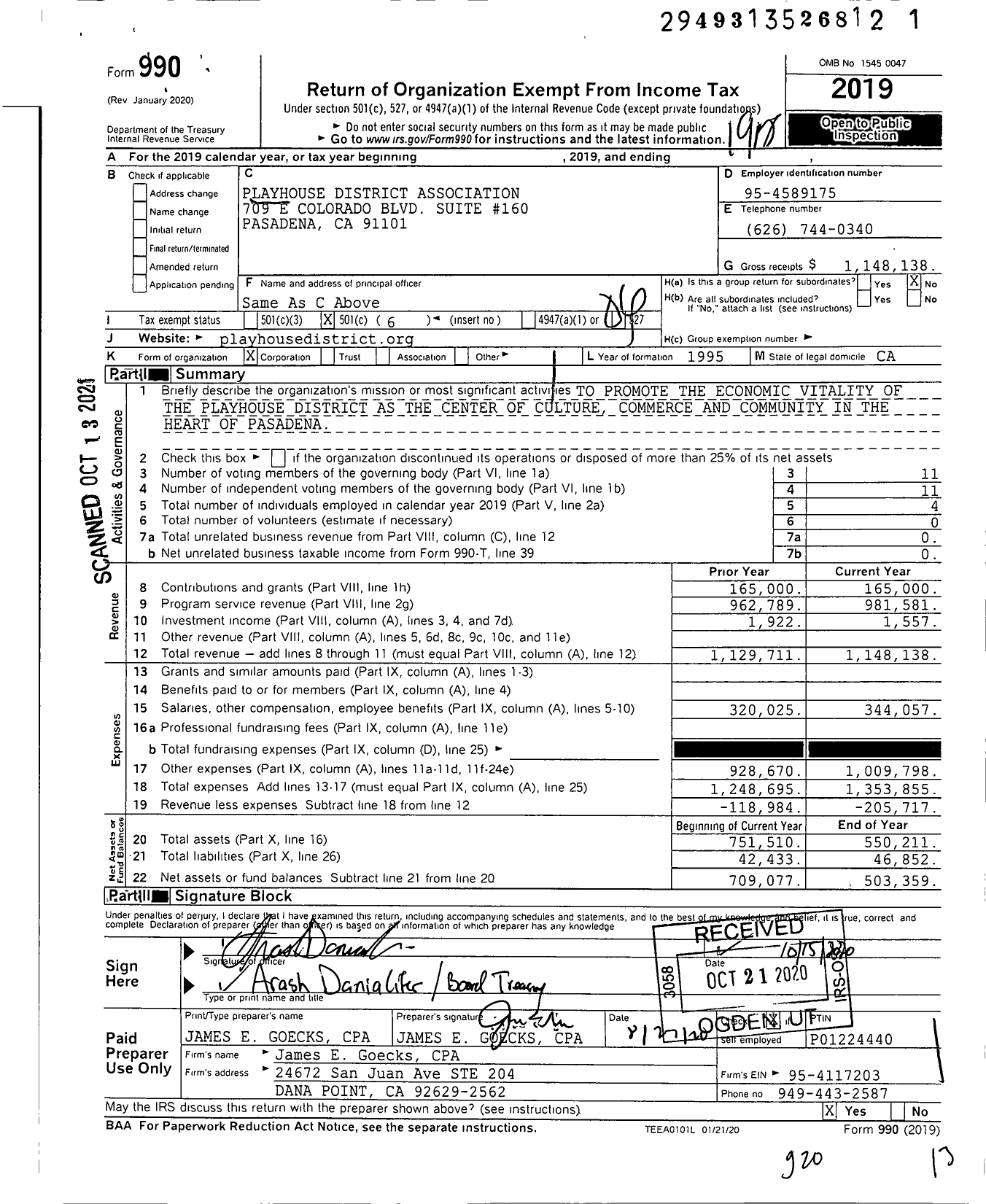 Image of first page of 2019 Form 990O for Playhouse District Association (PDA)