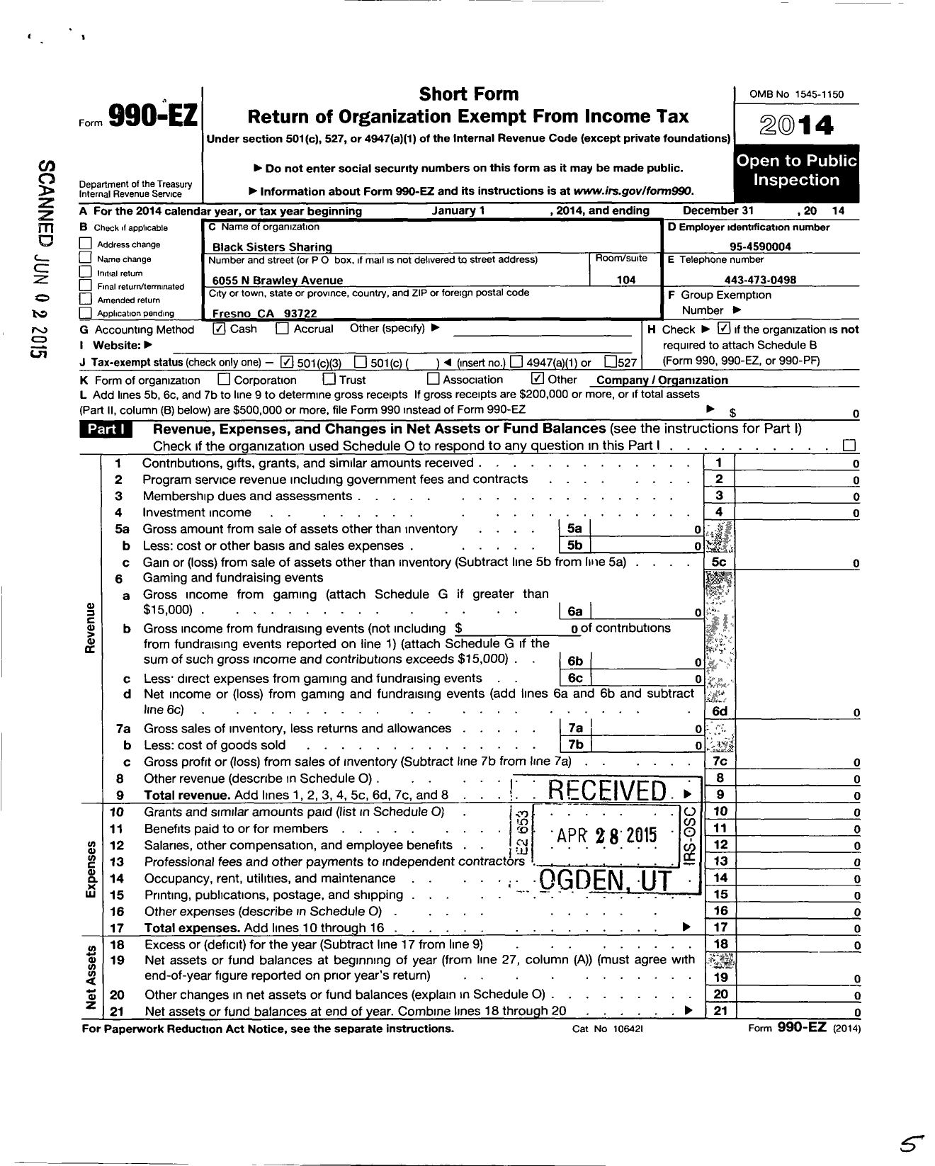 Image of first page of 2014 Form 990EZ for Sharing and Caring (S&C)