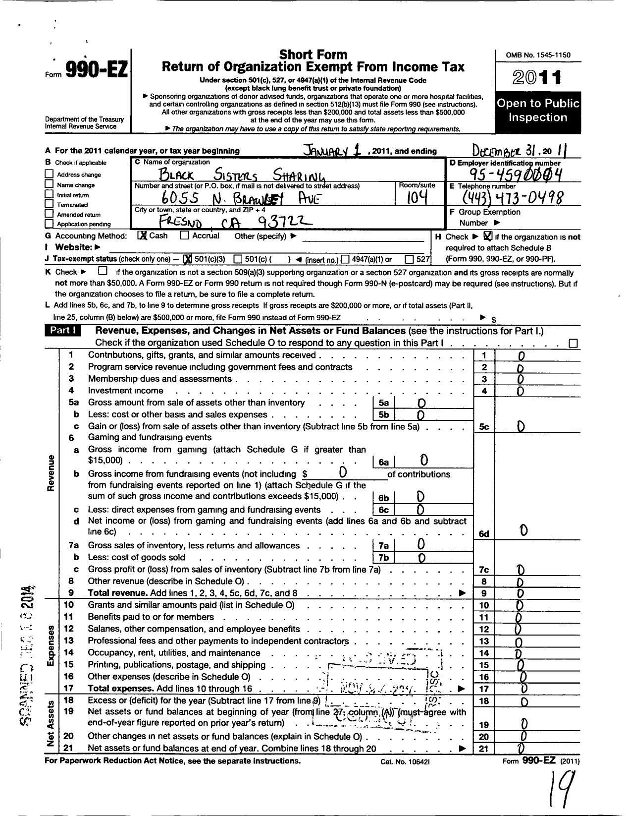 Image of first page of 2011 Form 990EZ for Sharing and Caring (S&C)