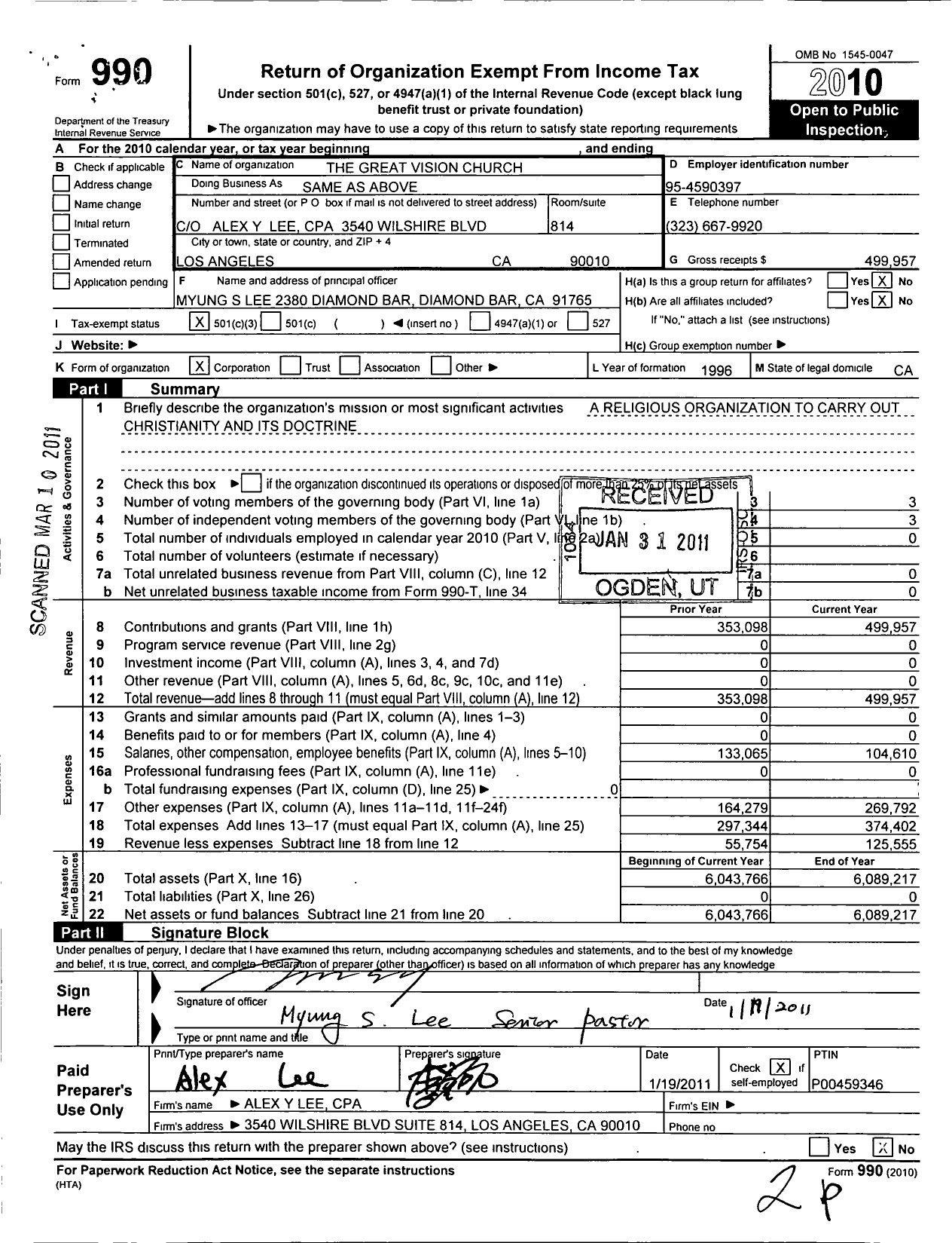 Image of first page of 2010 Form 990 for Great Vision Church