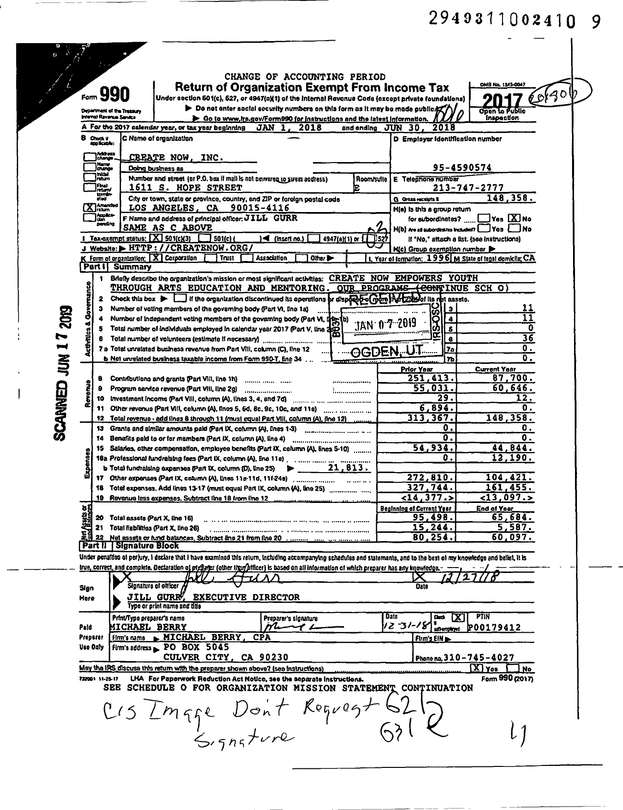 Image of first page of 2017 Form 990 for Create Now