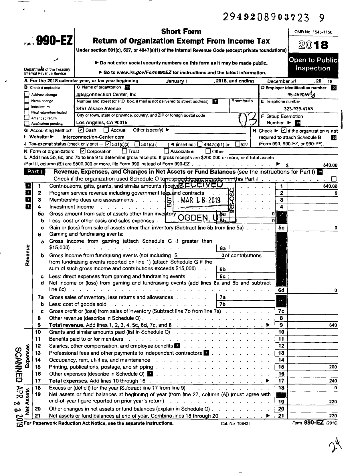 Image of first page of 2018 Form 990EZ for Interconnection Center