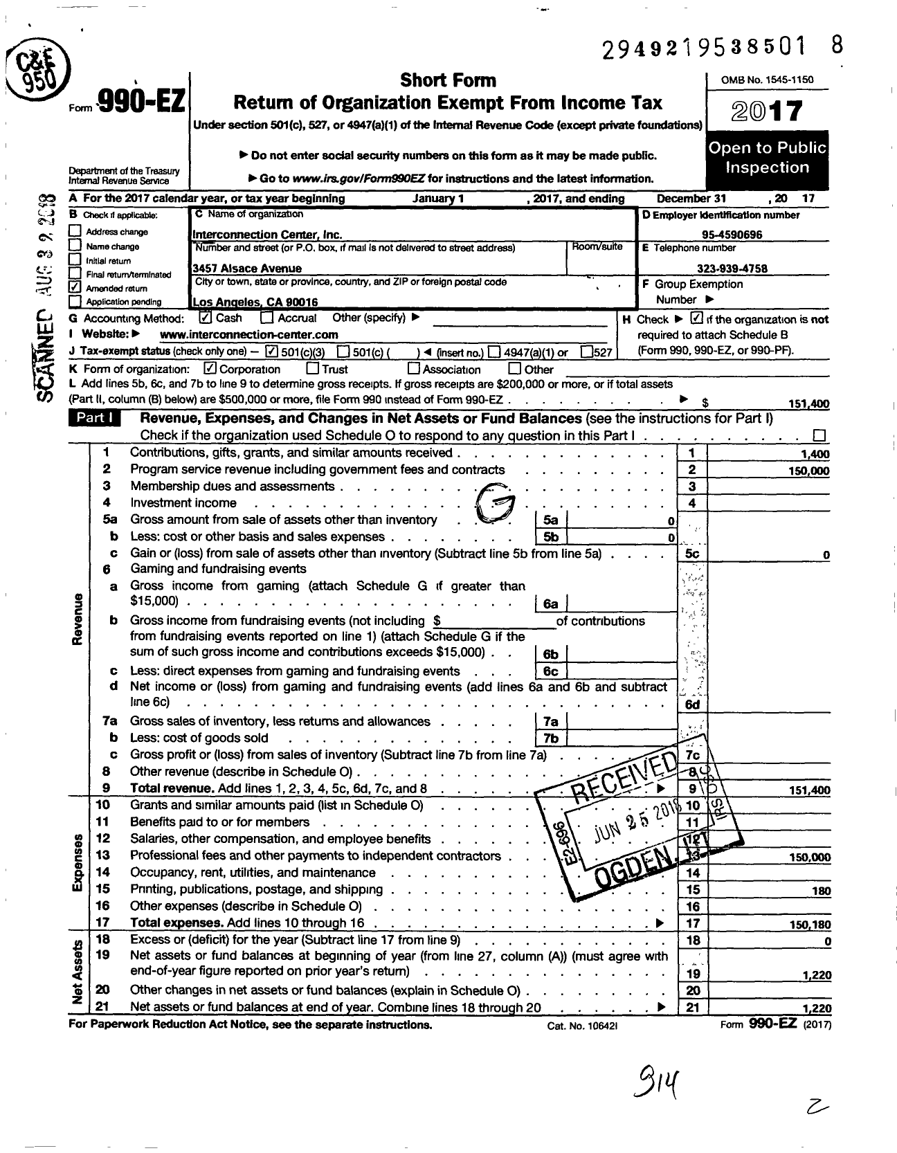 Image of first page of 2017 Form 990EZ for Interconnection Center