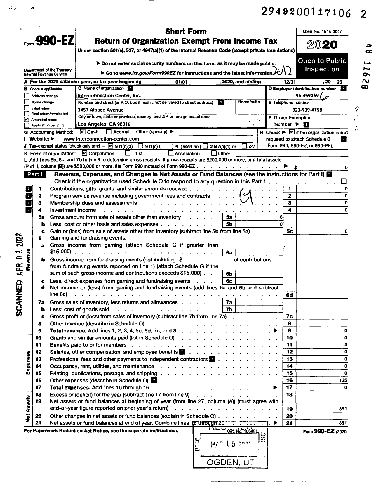 Image of first page of 2020 Form 990EZ for Interconnection Center