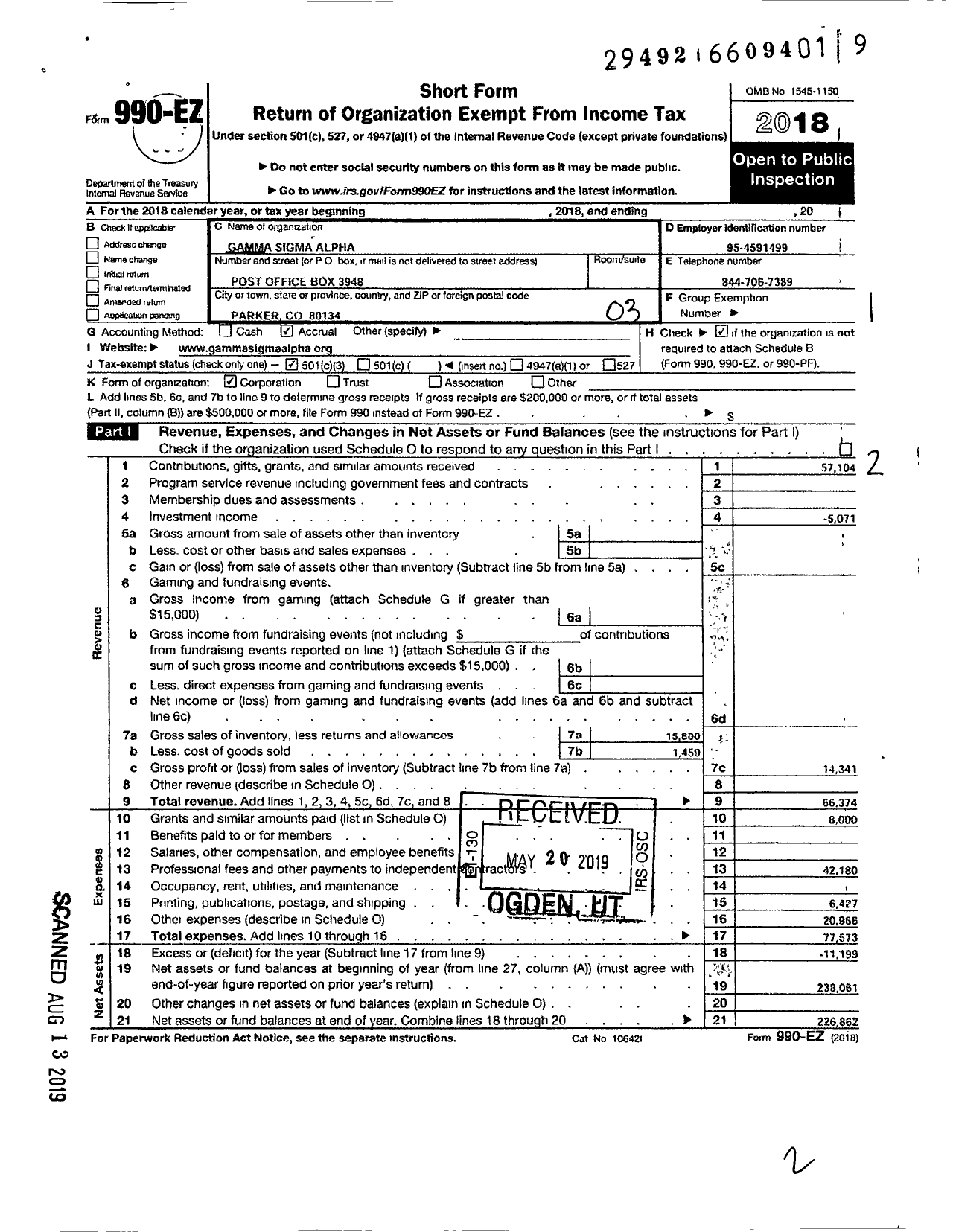 Image of first page of 2018 Form 990EZ for Gamma Sigma Alpha Incorporated