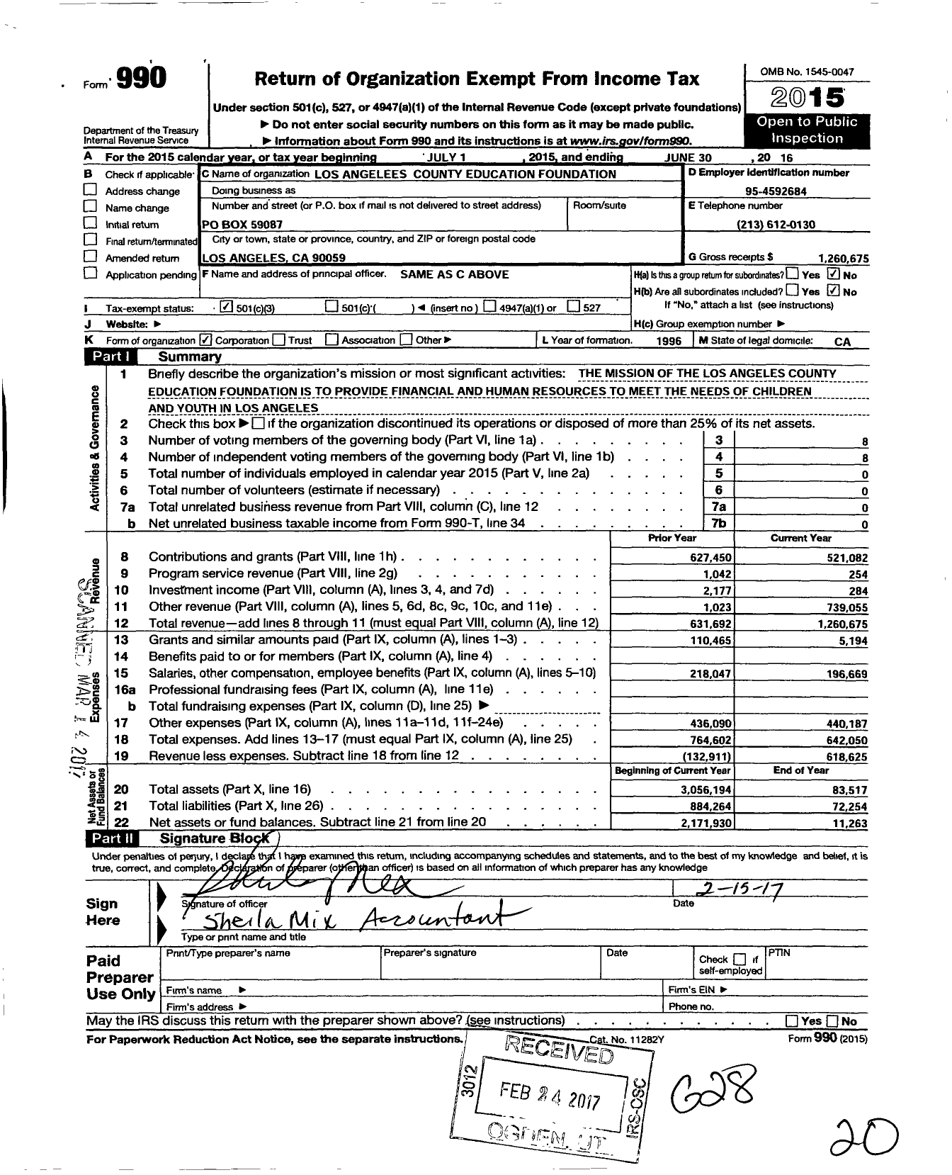 Image of first page of 2015 Form 990 for Los Angeles County Education Foundation