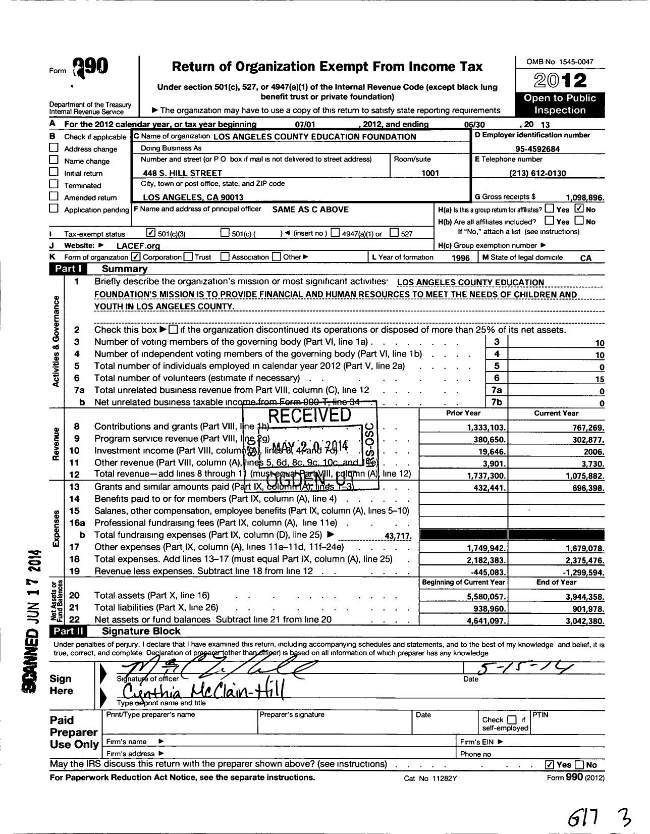 Image of first page of 2012 Form 990 for Los Angeles County Education Foundation