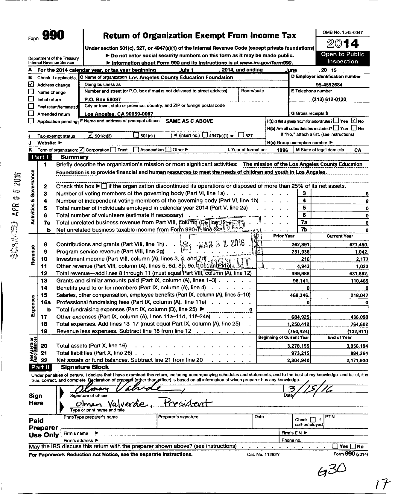 Image of first page of 2014 Form 990 for Los Angeles County Education Foundation