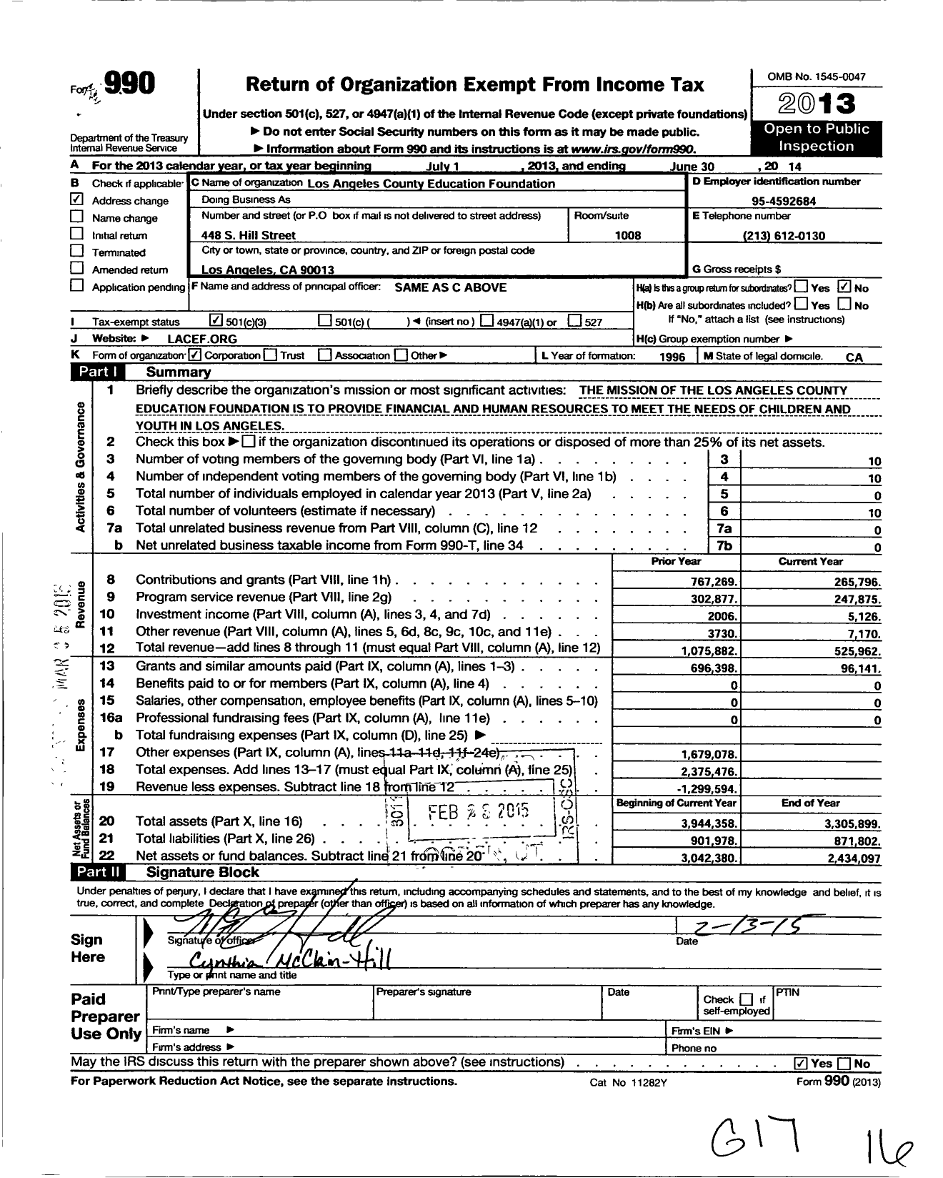 Image of first page of 2013 Form 990 for Los Angeles County Education Foundation