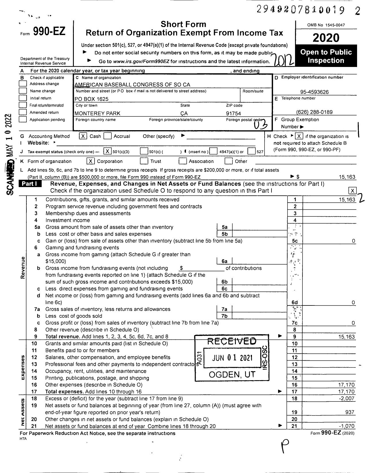 Image of first page of 2020 Form 990EZ for American Baseball Congress of So Ca