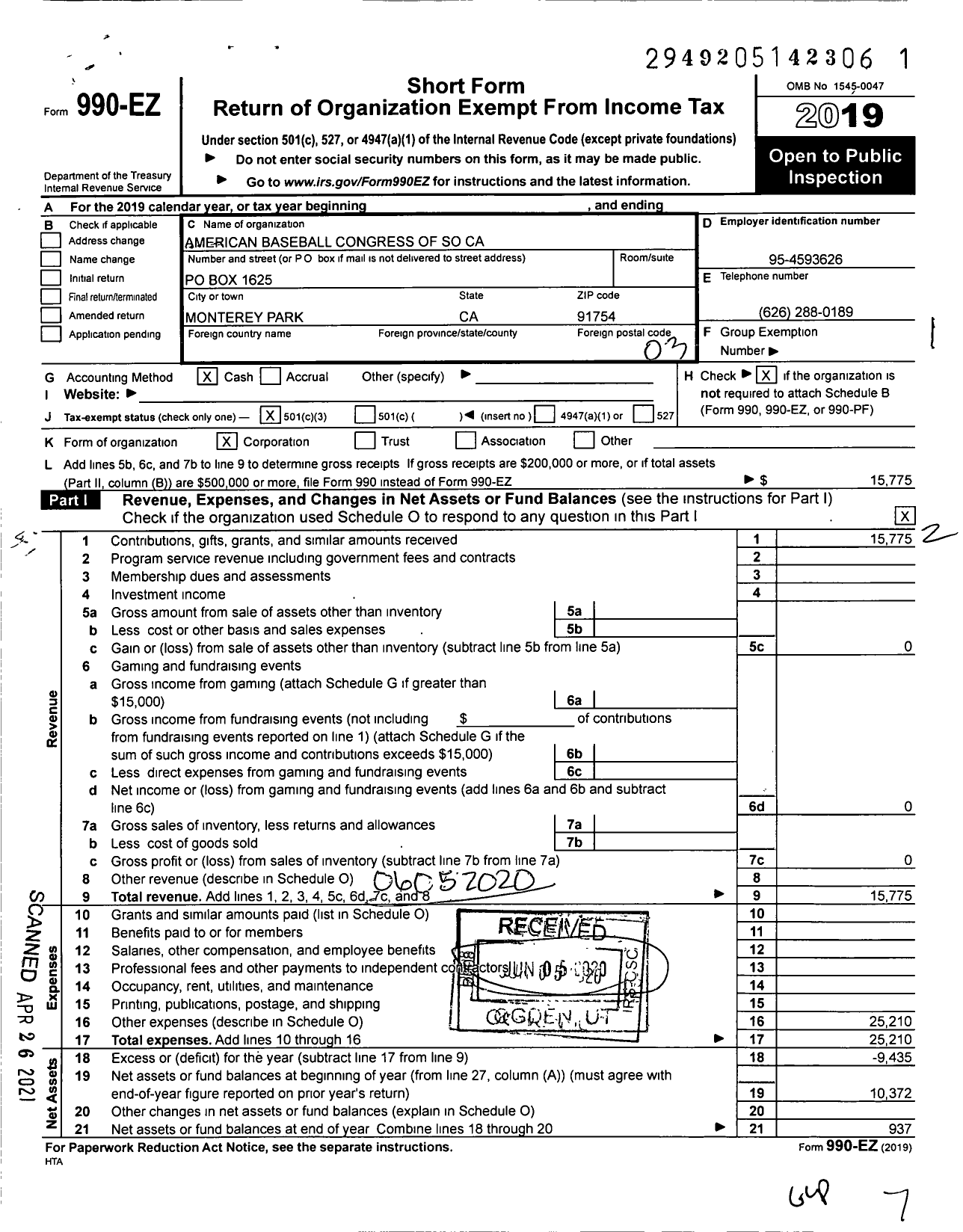 Image of first page of 2019 Form 990EZ for American Baseball Congress of So Ca