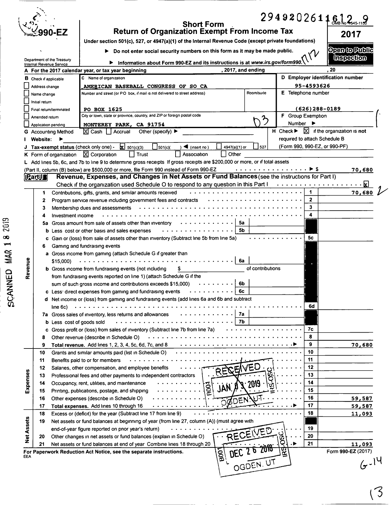 Image of first page of 2017 Form 990EZ for American Baseball Congress of So Ca