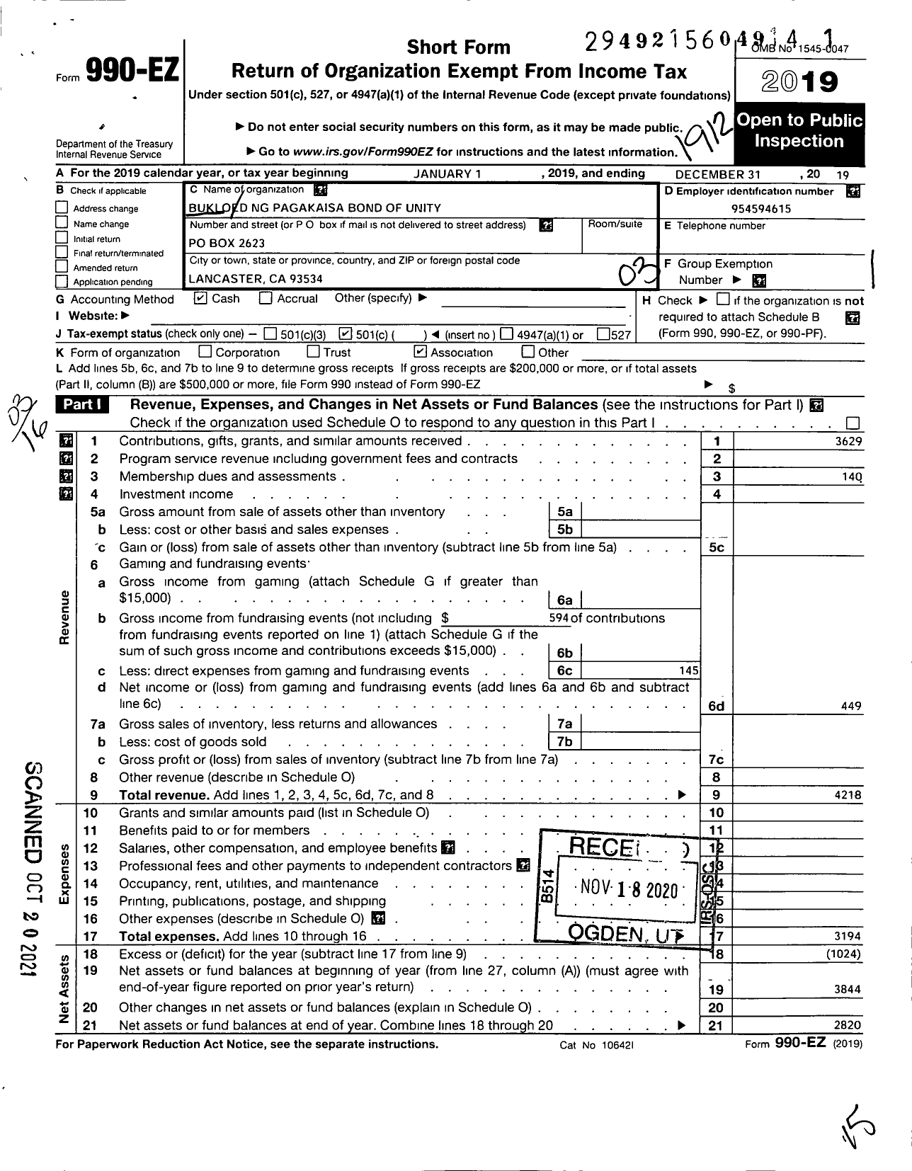 Image of first page of 2019 Form 990EZ for Bukloed NG Pagakaisa Bond of Unity