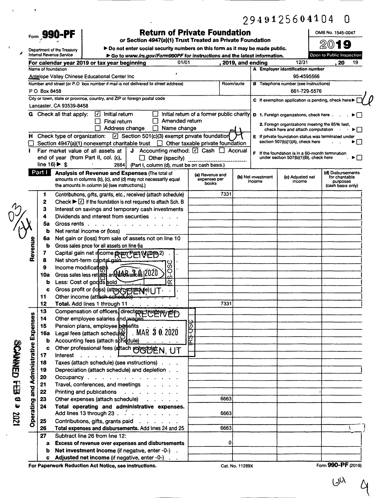 Image of first page of 2019 Form 990PF for Antelope VALLEY Chinese EDUCATIONAL CTR