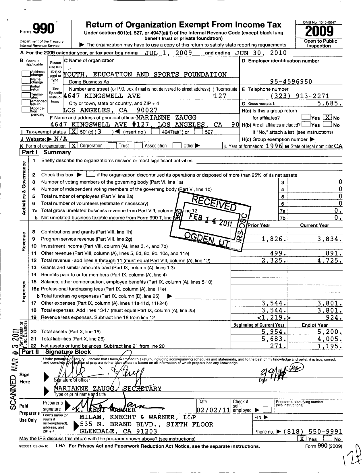Image of first page of 2009 Form 990 for Youth Education and Sports Foundation