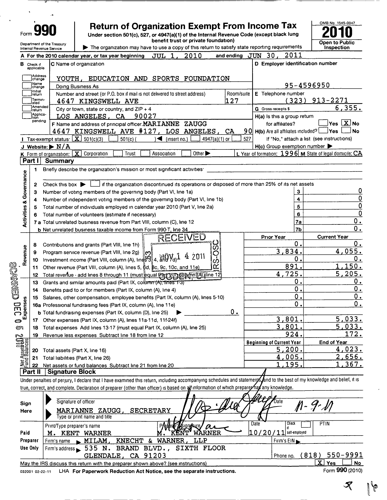 Image of first page of 2010 Form 990 for Youth Education and Sports Foundation