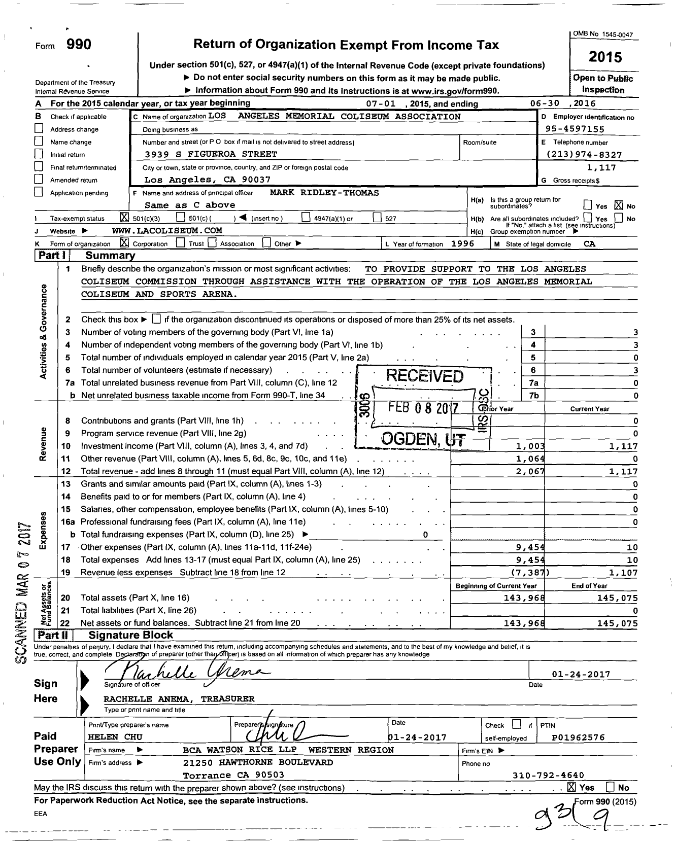 Image of first page of 2015 Form 990 for Los Angeles Memorial Coliseum Association