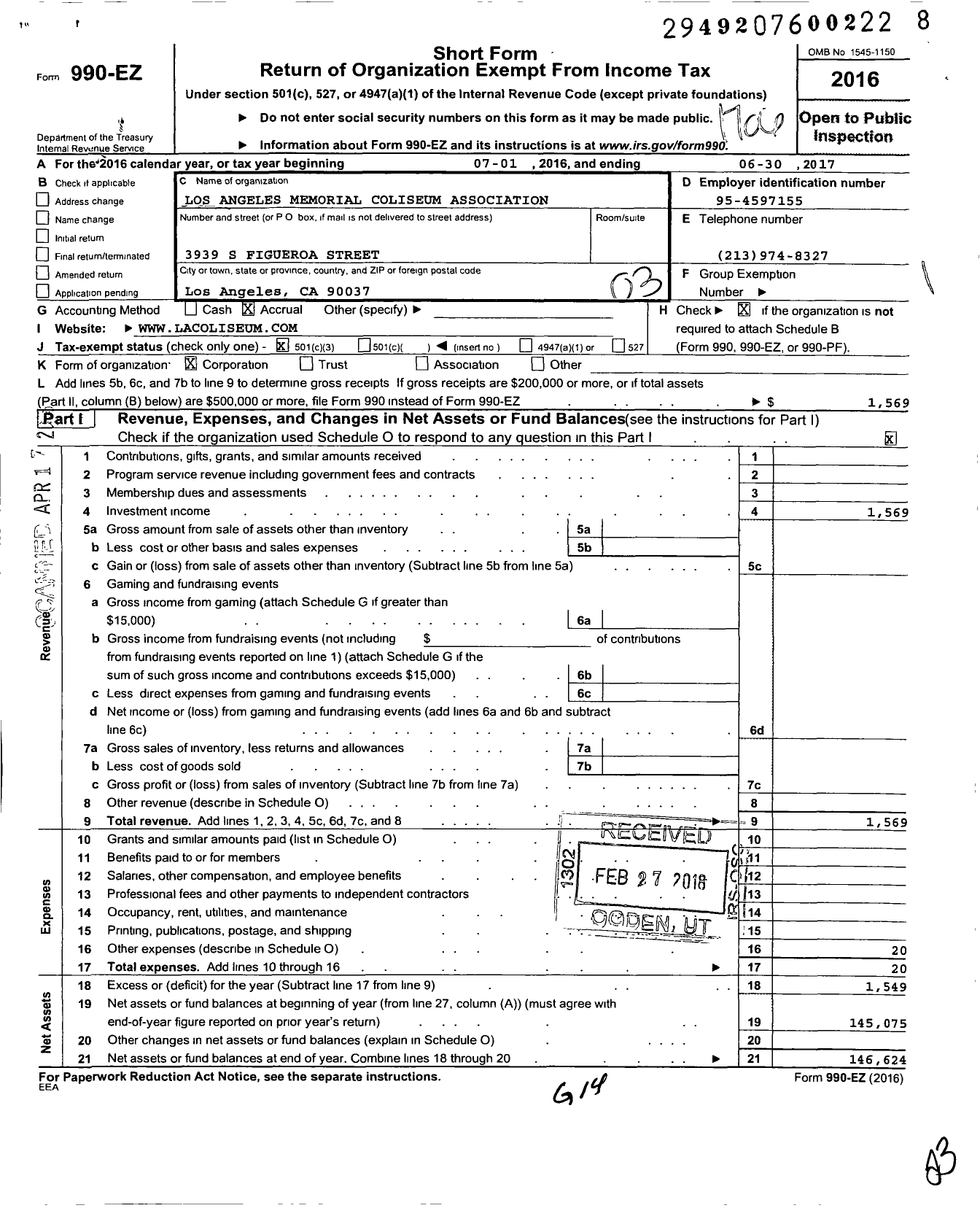 Image of first page of 2016 Form 990EZ for Los Angeles Memorial Coliseum Association