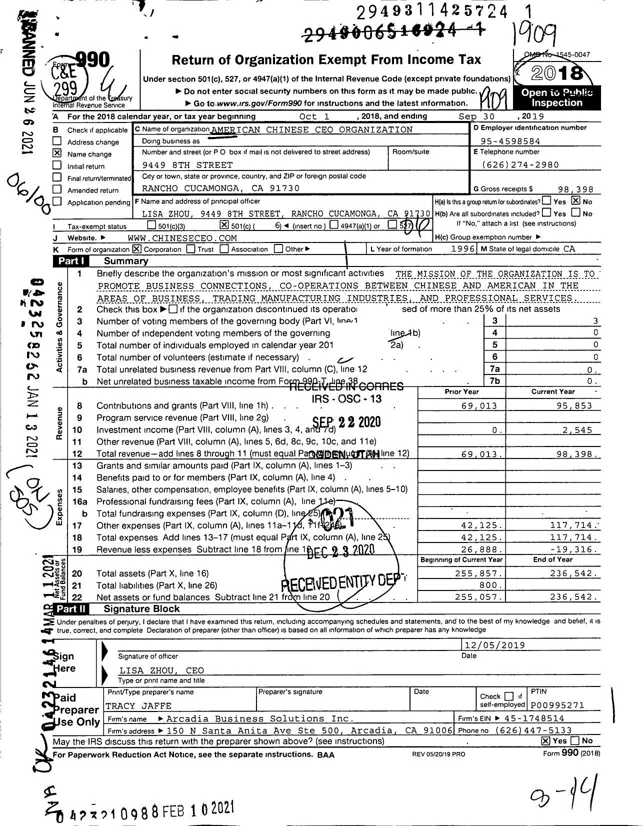 Image of first page of 2018 Form 990O for Chinese American CEO Organization