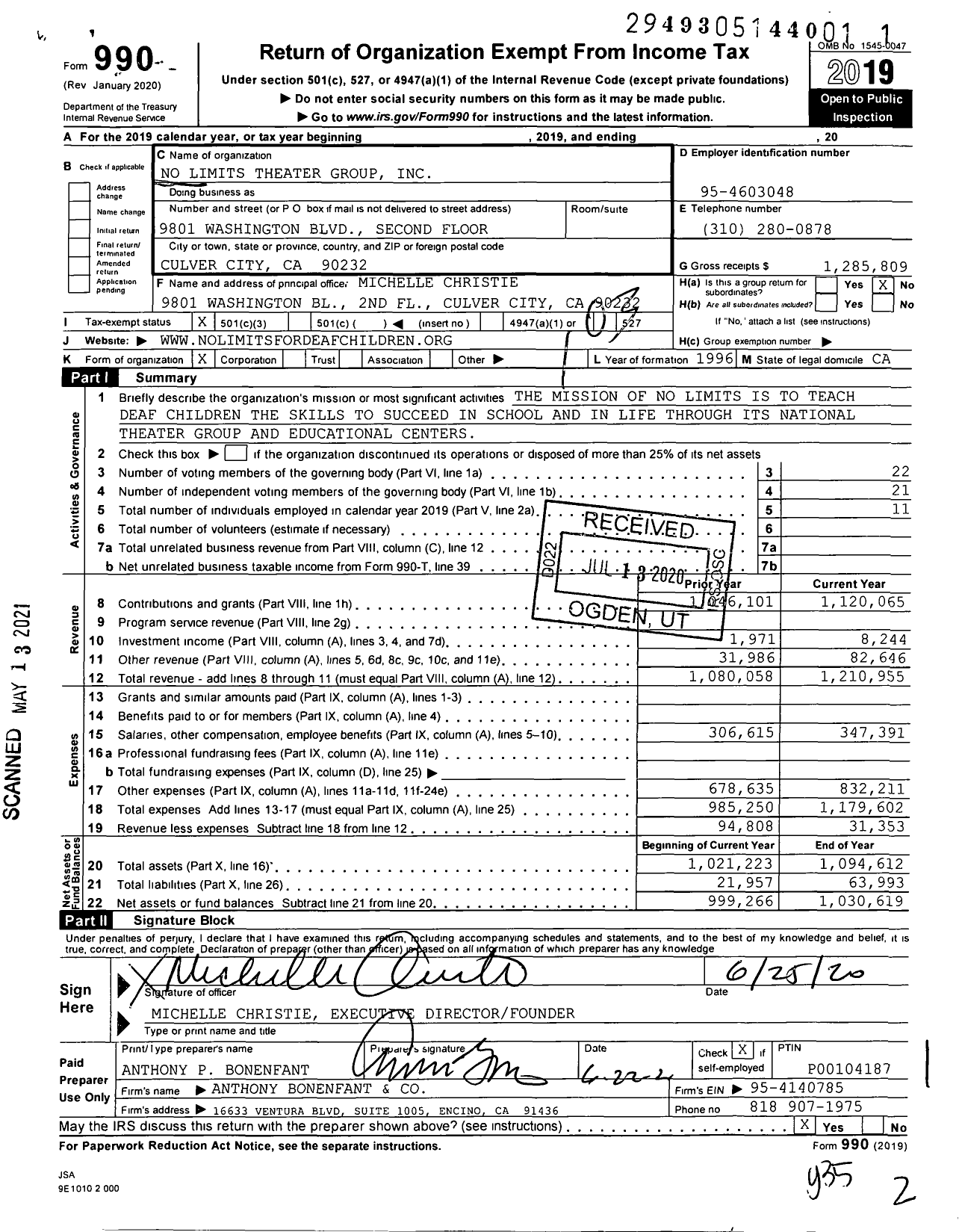 Image of first page of 2019 Form 990 for No Limits Theater Group