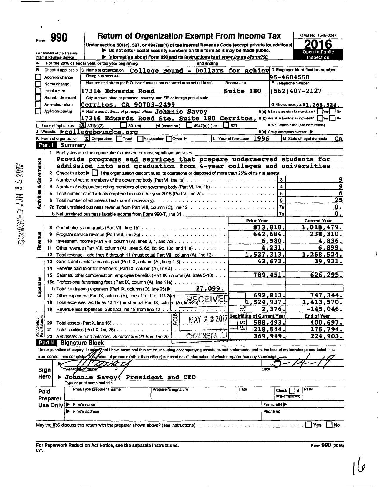 Image of first page of 2016 Form 990 for College Bound-Dollars for Achievers