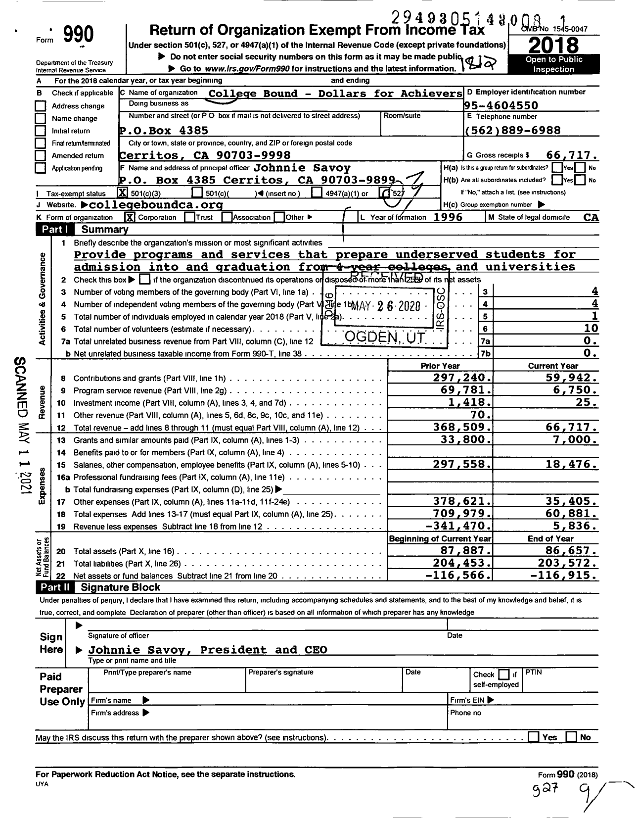 Image of first page of 2018 Form 990 for College Bound-Dollars for Achievers