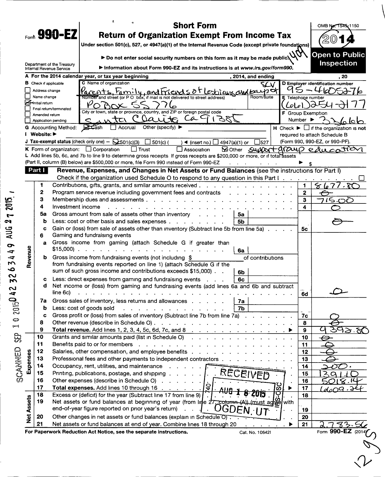 Image of first page of 2013 Form 990EZ for Pflag Santa Clarita