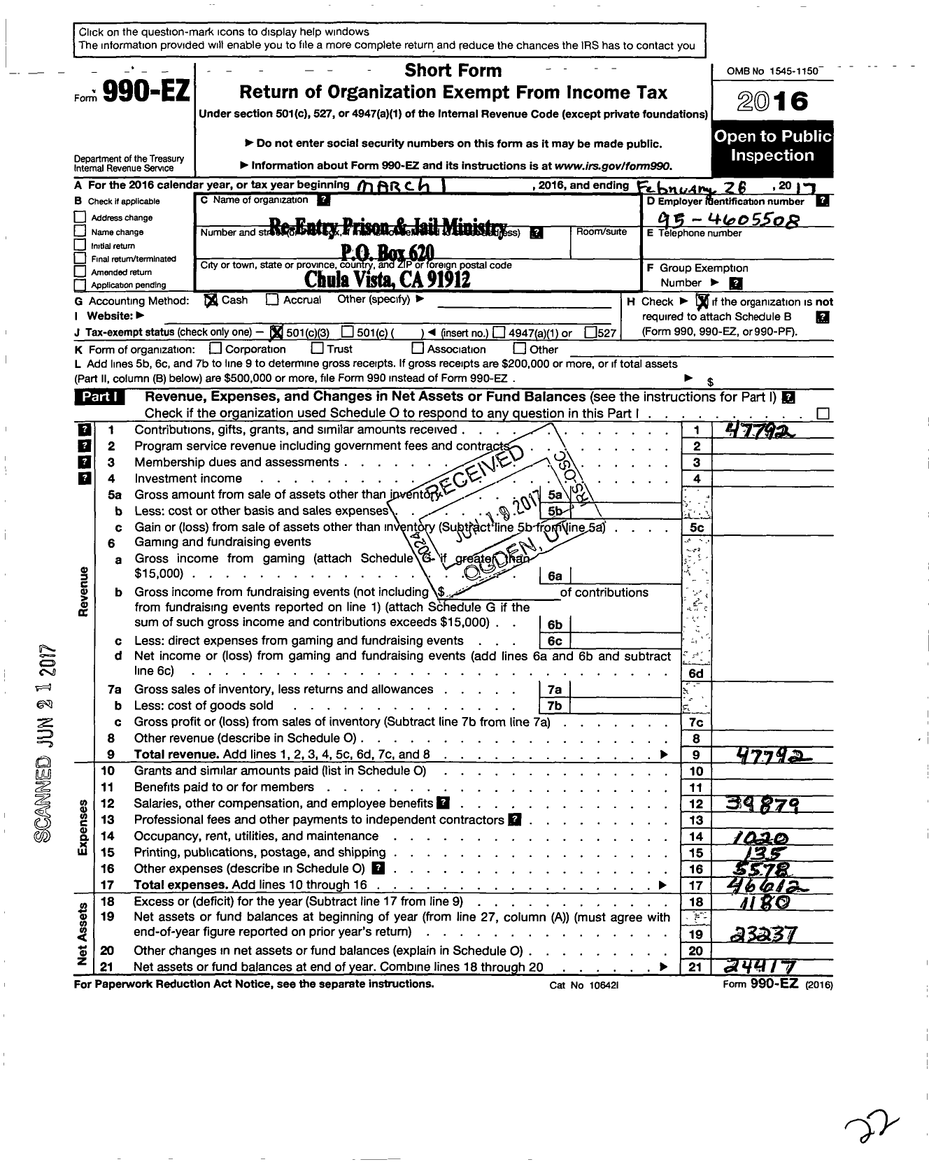 Image of first page of 2016 Form 990EZ for Re-Entry Prison and Jail Ministry