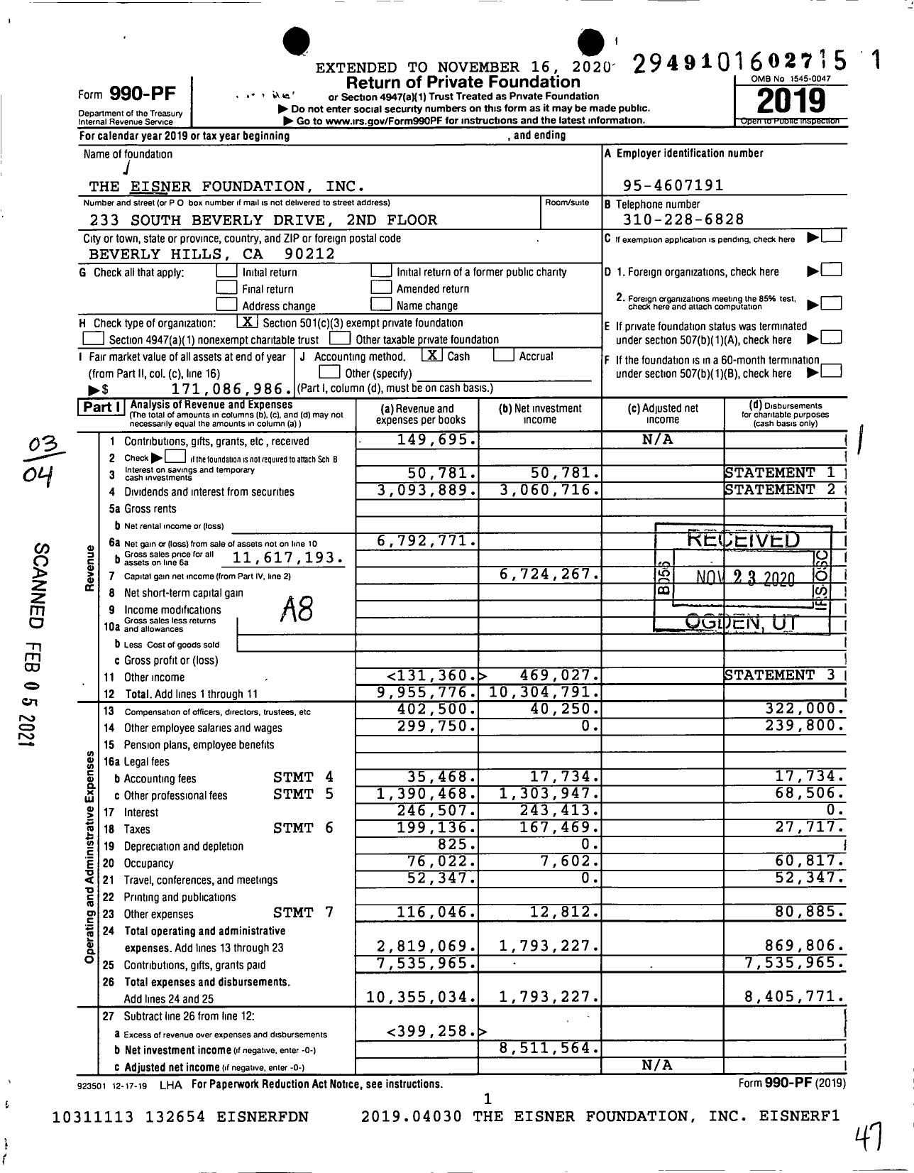 Image of first page of 2019 Form 990PF for Eisner Foundation