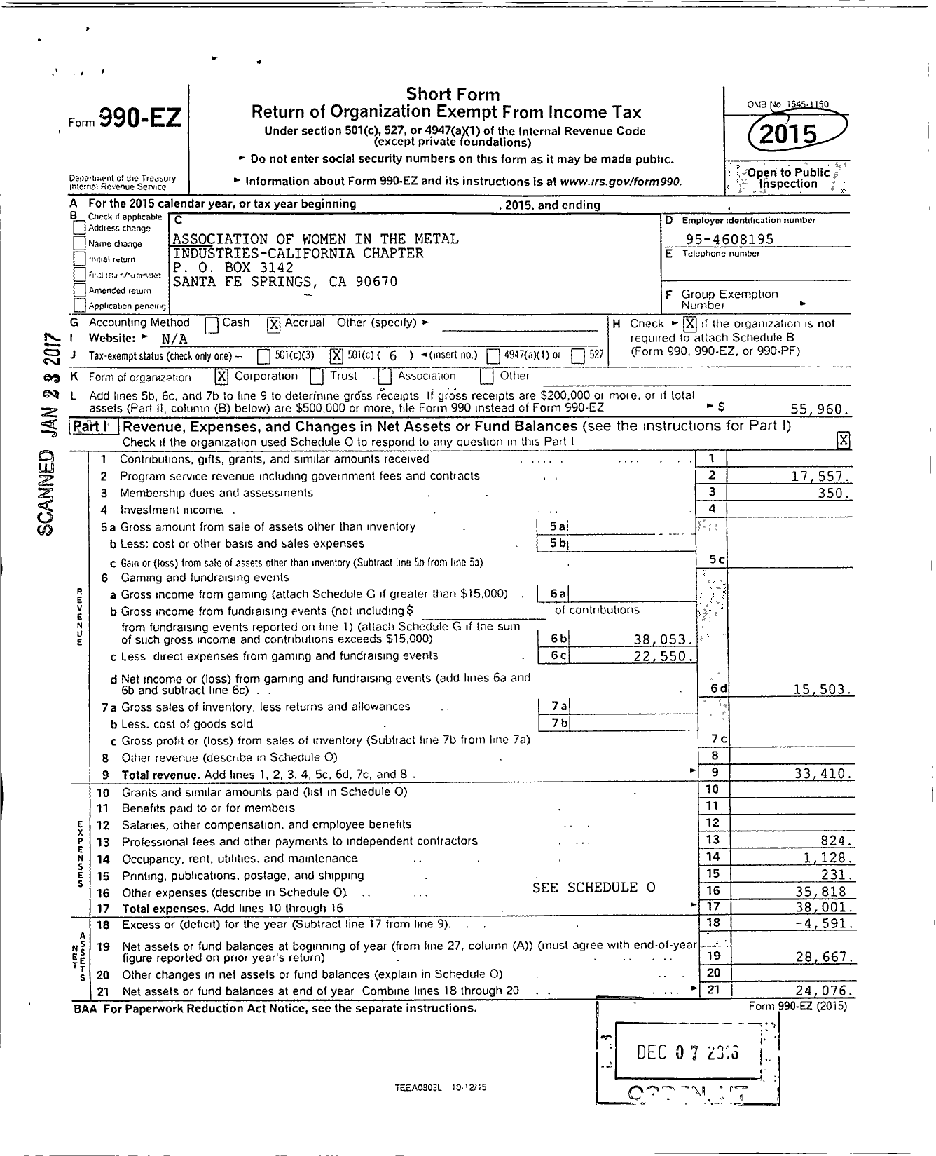 Image of first page of 2015 Form 990EO for Association of Women in the Metal Industries / Awmi California Chapter