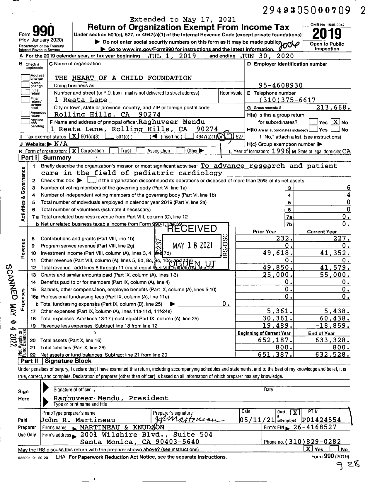 Image of first page of 2019 Form 990 for The Heart of A Child Foundation