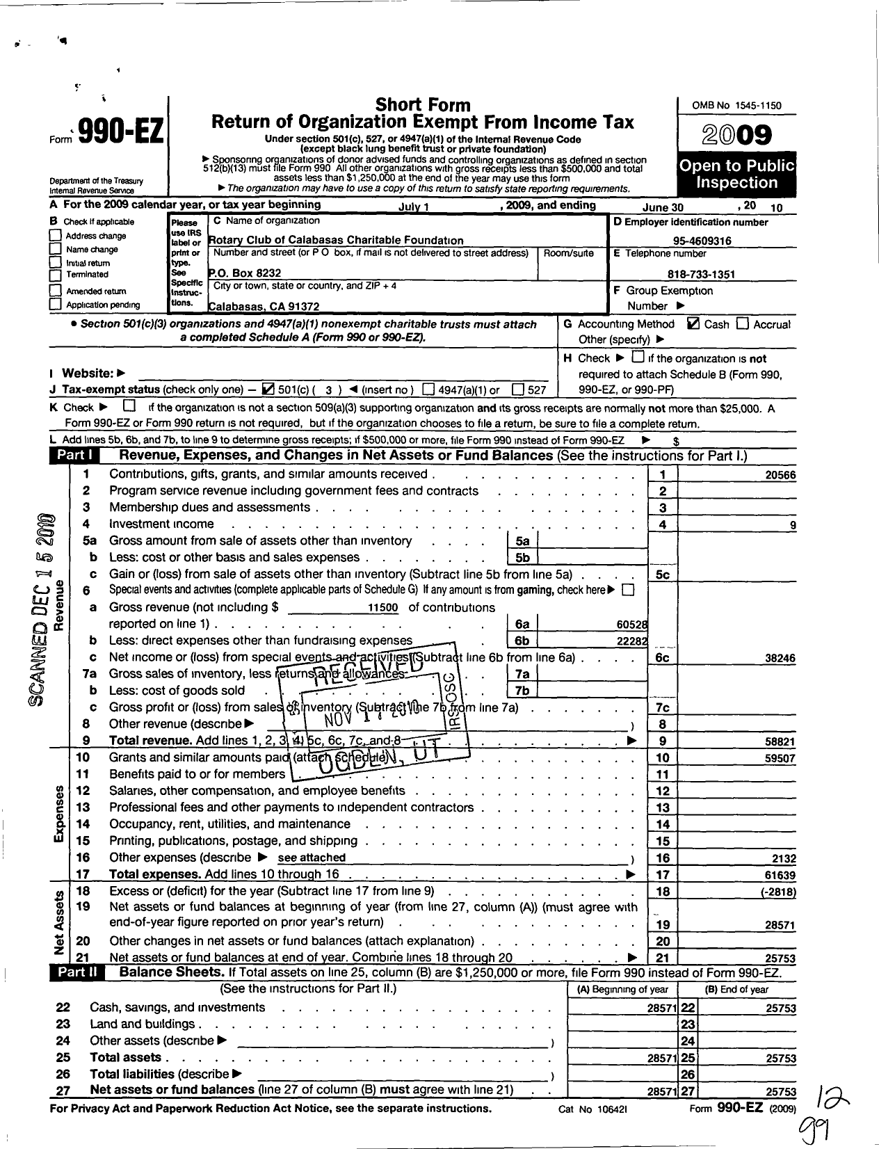 Image of first page of 2009 Form 990EZ for Calabasas Rotary Club Charitable Foundation