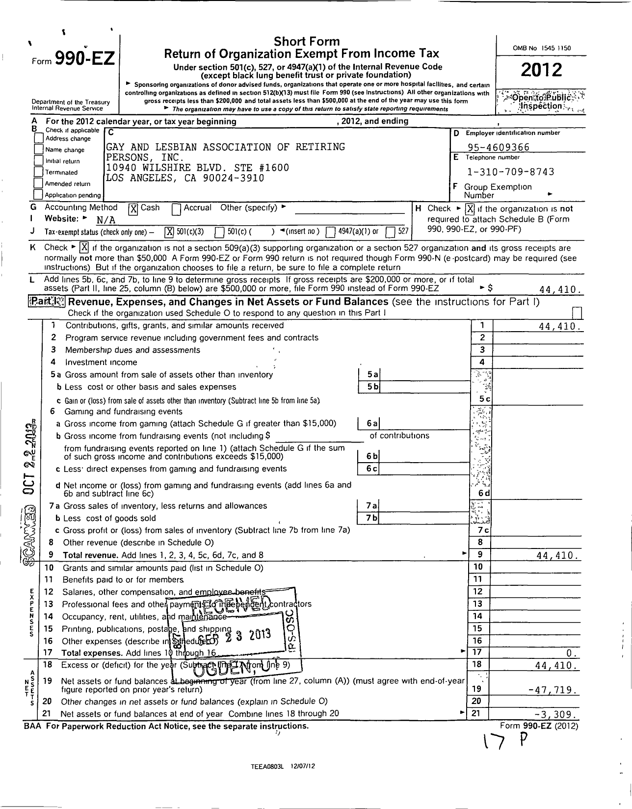 Image of first page of 2012 Form 990EZ for Gay and Lesbian Association of Retiring Persons