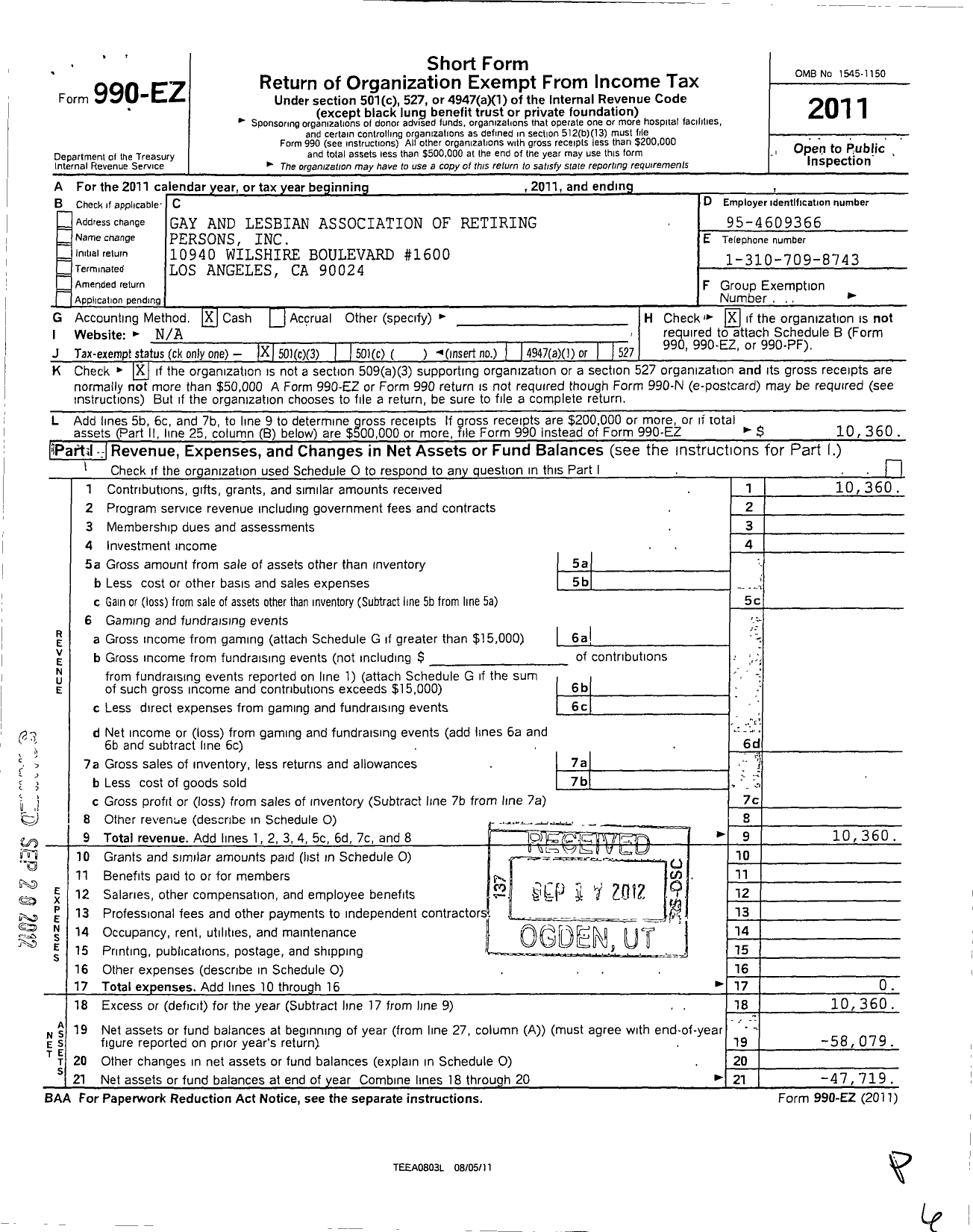 Image of first page of 2011 Form 990EZ for Gay and Lesbian Association of Retiring Persons