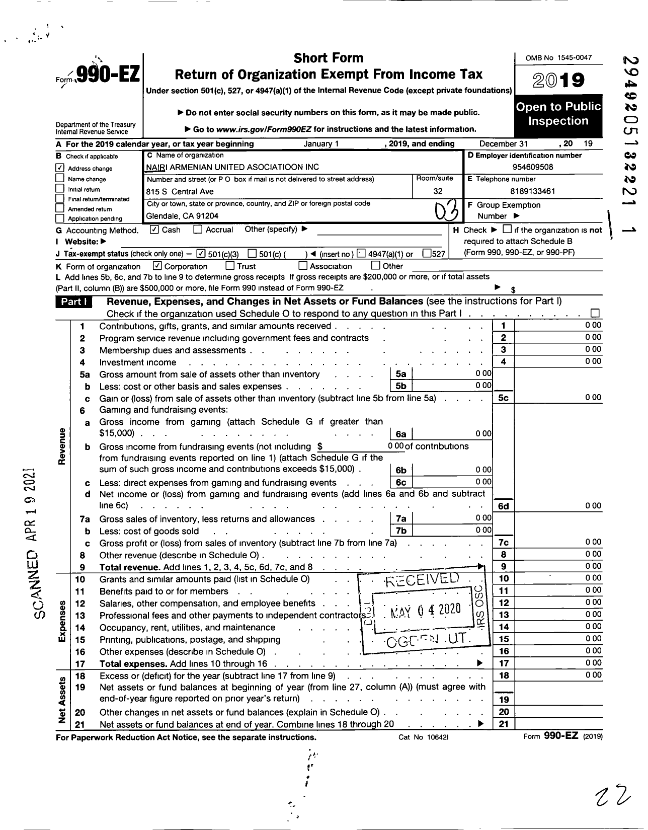 Image of first page of 2019 Form 990EZ for Nairi Armenian United Association