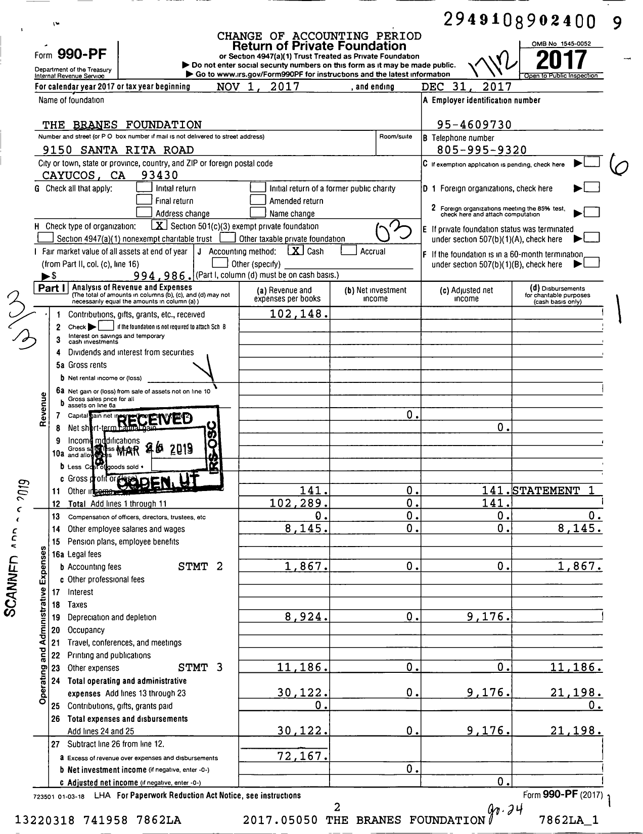 Image of first page of 2017 Form 990PF for The Branes Foundation