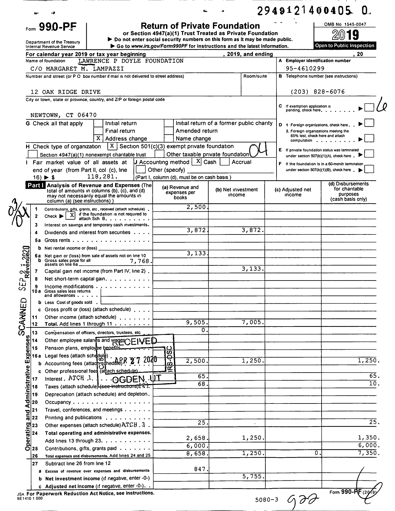 Image of first page of 2019 Form 990PR for Lawrence P Doyle Foundation