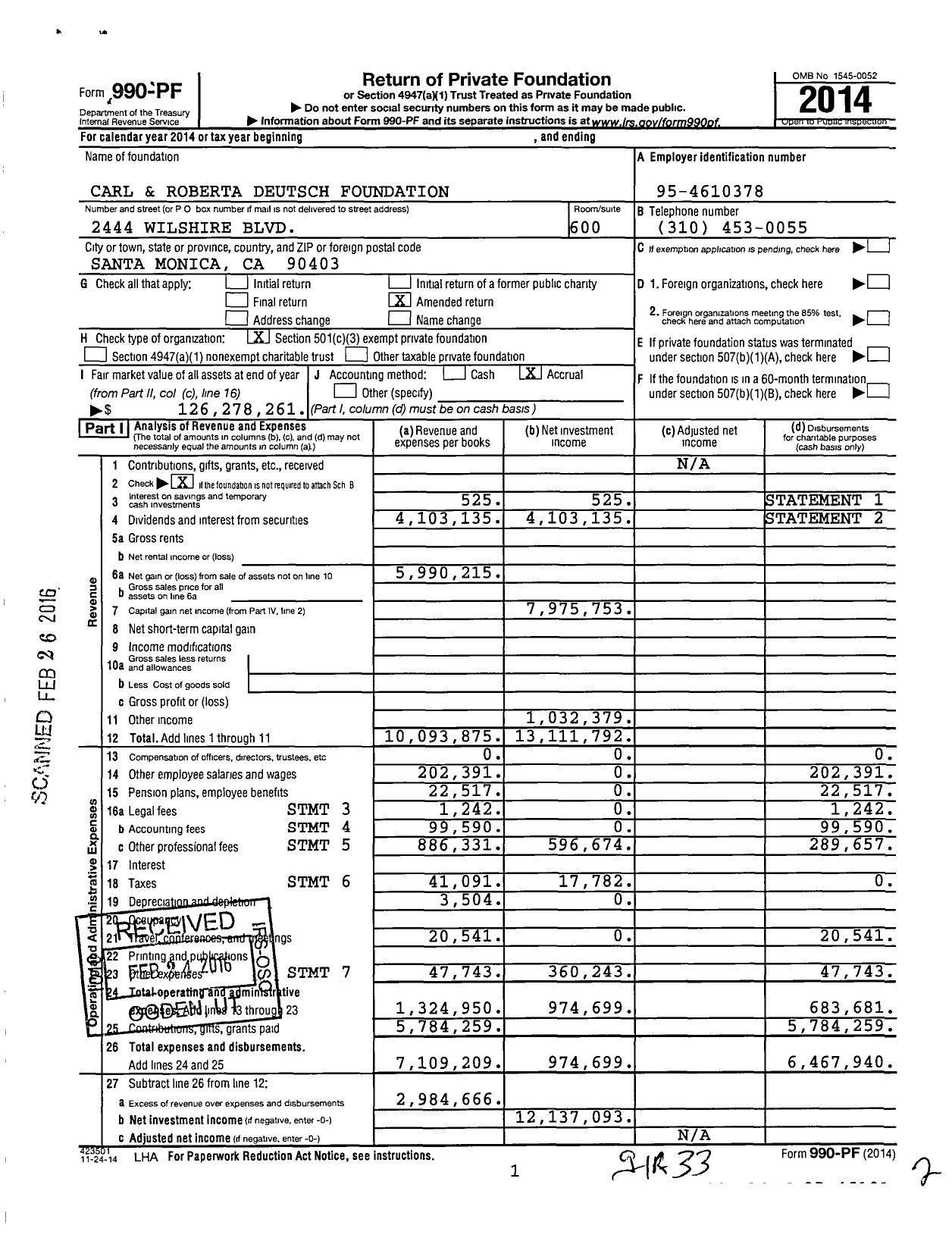 Image of first page of 2014 Form 990PF for Carl and Roberta Deutsch Foundation