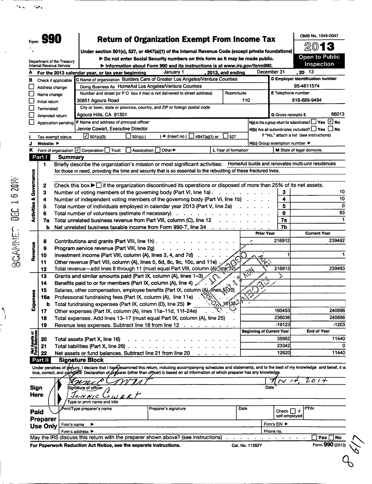 Image of first page of 2013 Form 990 for Builders Care of Greater Los Angeles and Ventura Counties