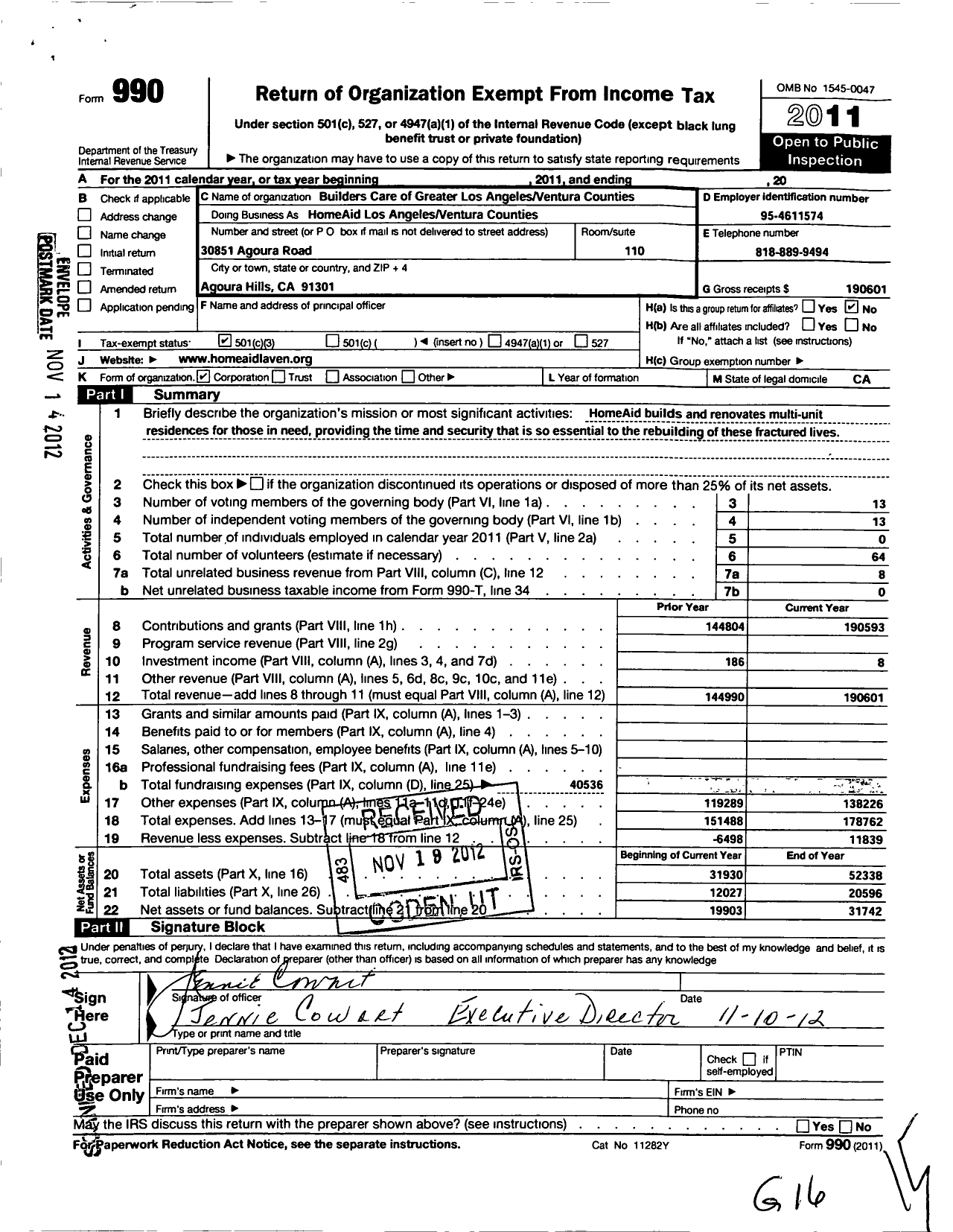 Image of first page of 2011 Form 990 for Builders Care of Greater Los Angeles and Ventura Counties