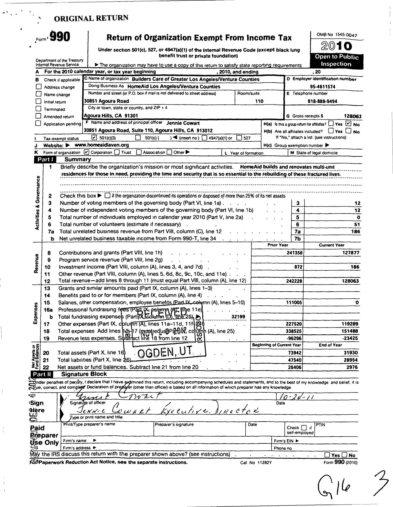 Image of first page of 2010 Form 990 for Builders Care of Greater Los Angeles and Ventura Counties