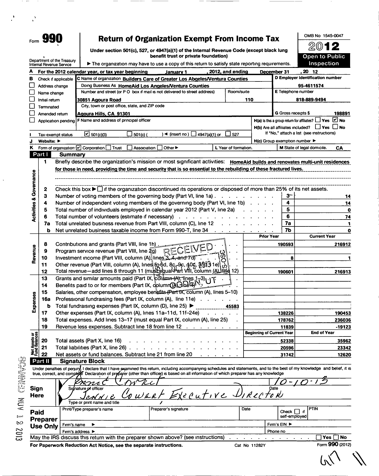 Image of first page of 2012 Form 990 for Builders Care of Greater Los Angeles and Ventura Counties