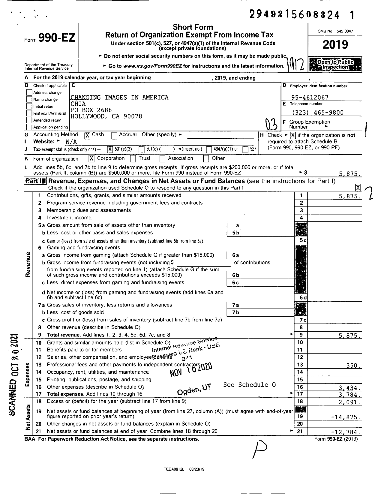 Image of first page of 2019 Form 990EZ for Changing Images in America