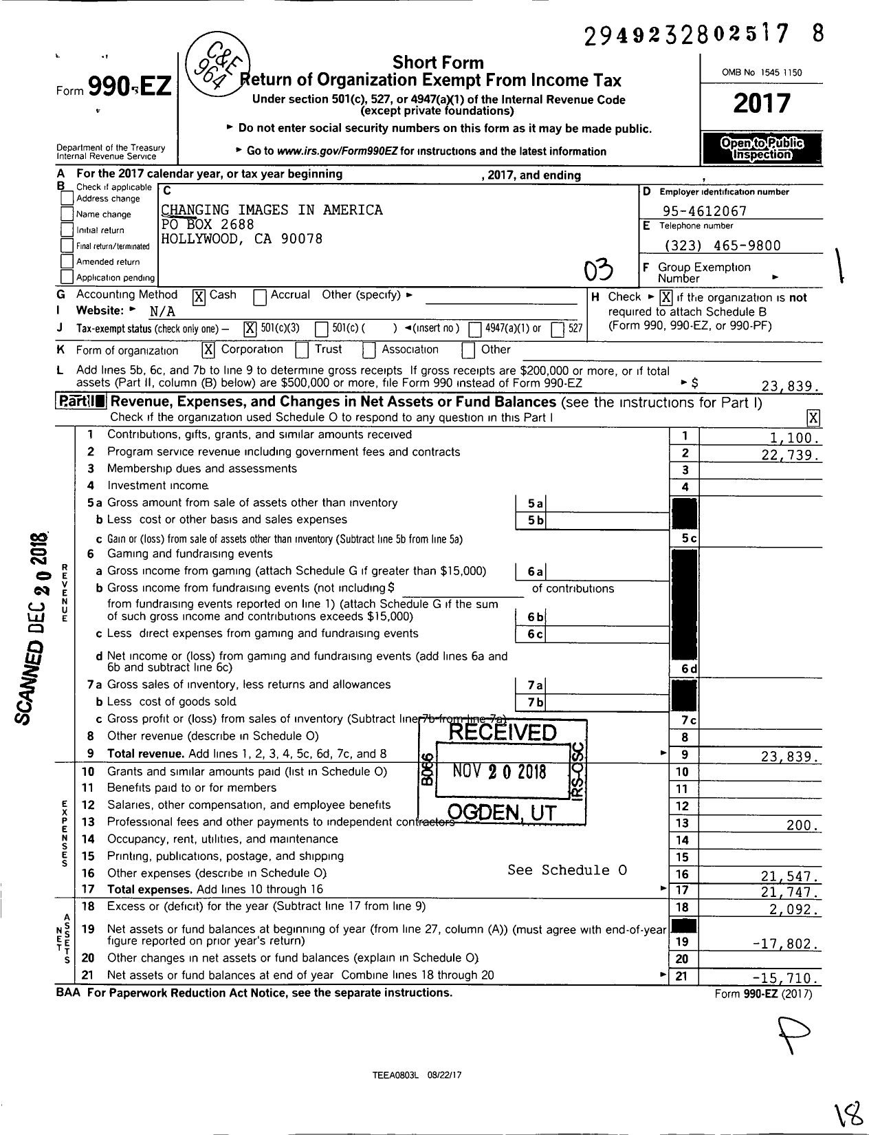 Image of first page of 2017 Form 990EZ for Changing Images in America Changing H in America