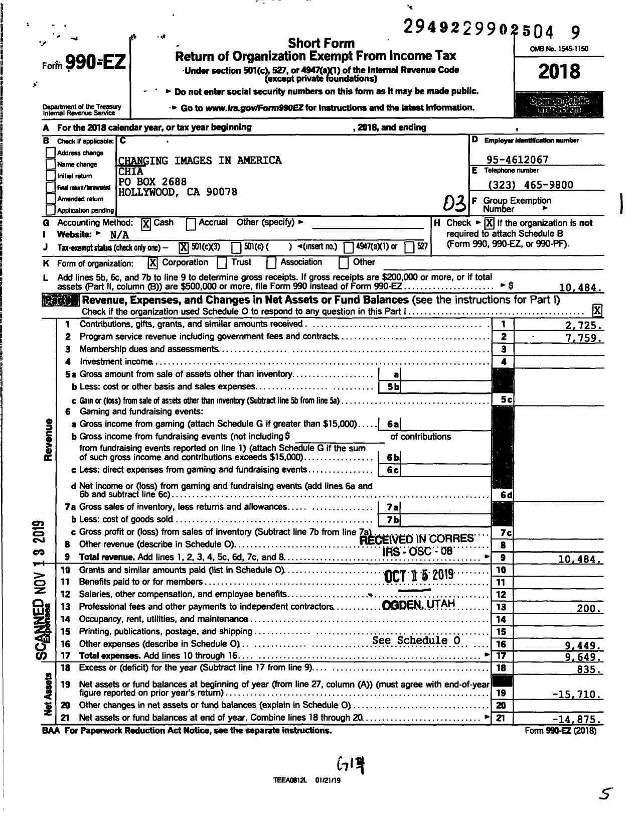 Image of first page of 2018 Form 990EZ for Changing Images in America Changing H in America