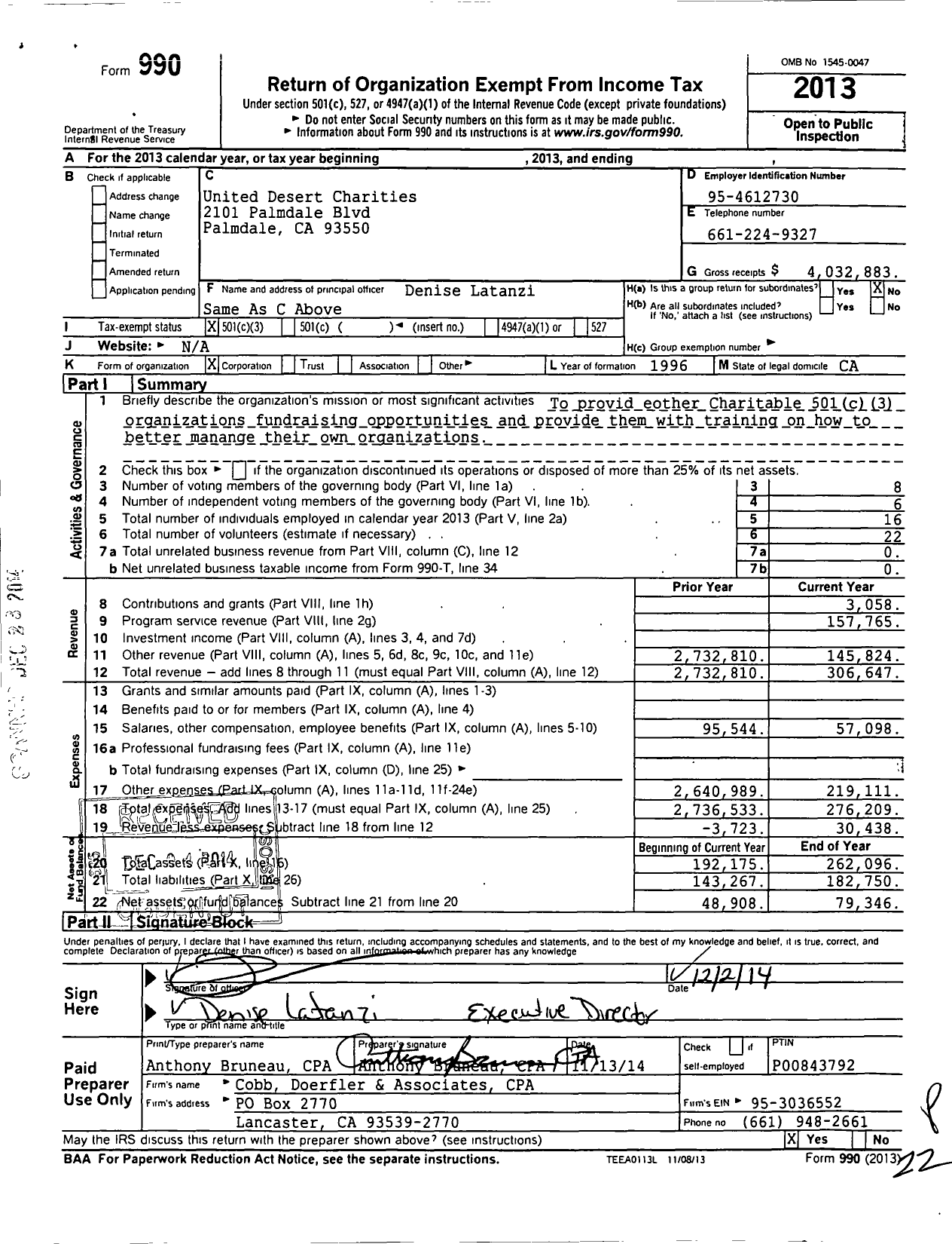 Image of first page of 2013 Form 990 for United Desert Charities