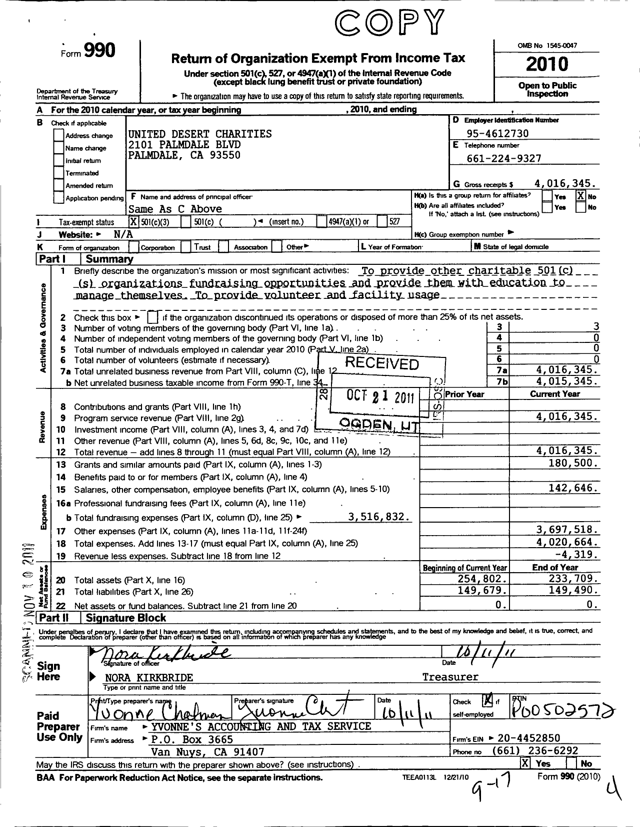 Image of first page of 2010 Form 990 for United Desert Charities