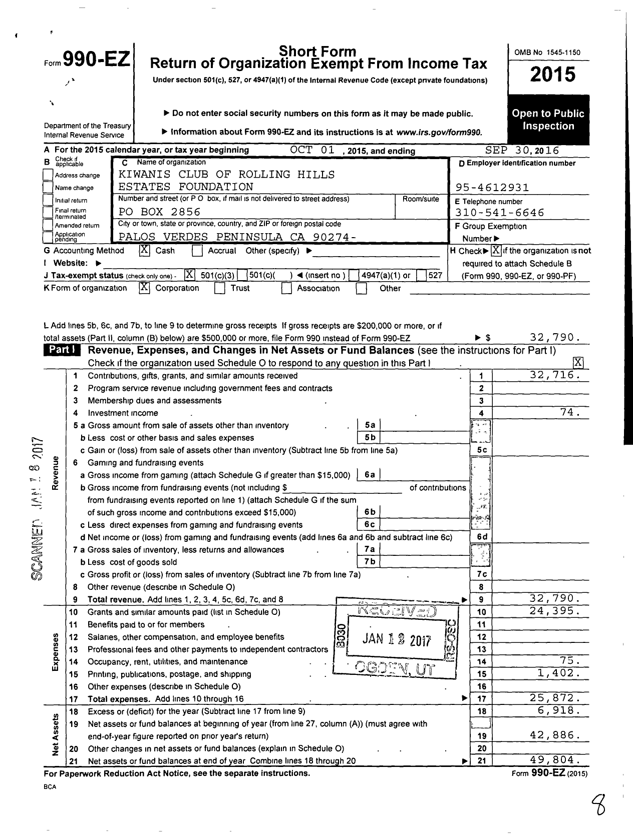 Image of first page of 2015 Form 990EZ for Kiwanis Club of Rolling Hills Estates Foundation