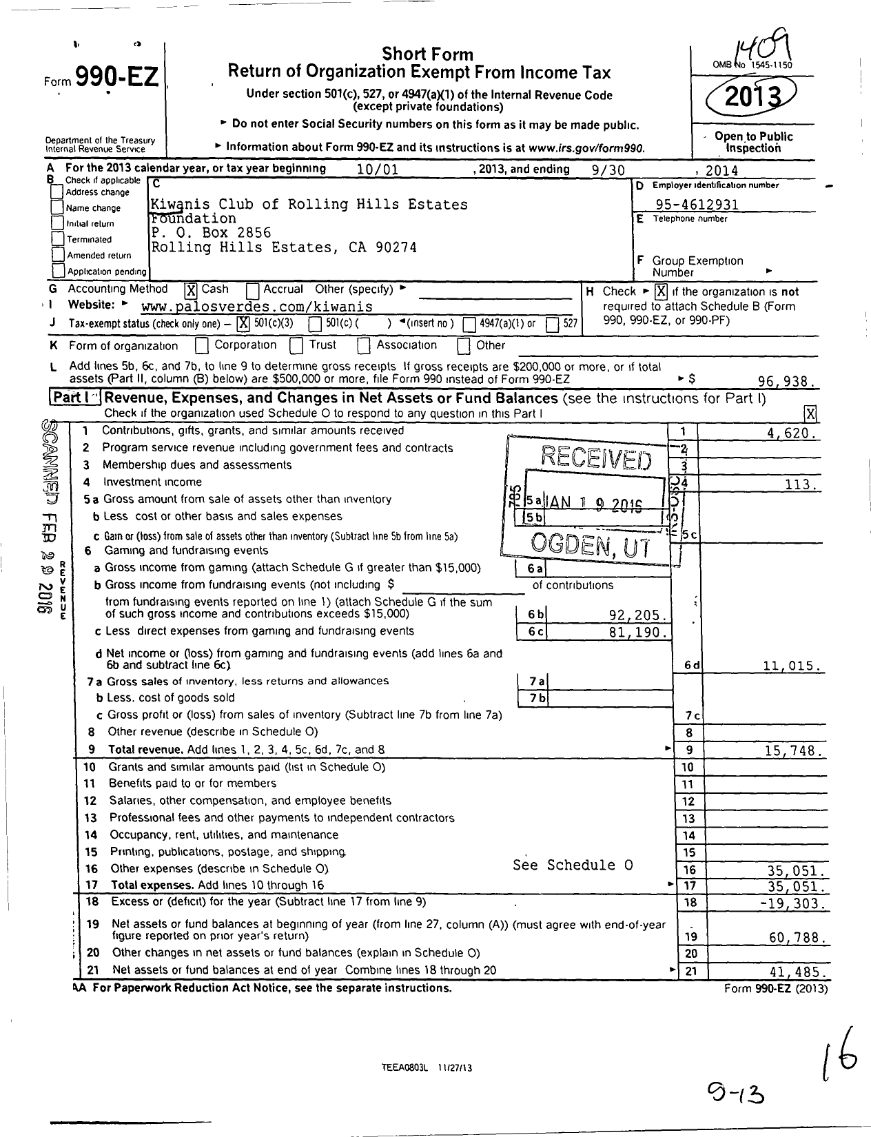 Image of first page of 2013 Form 990EZ for Kiwanis Club of Rolling Hills Estates Foundation
